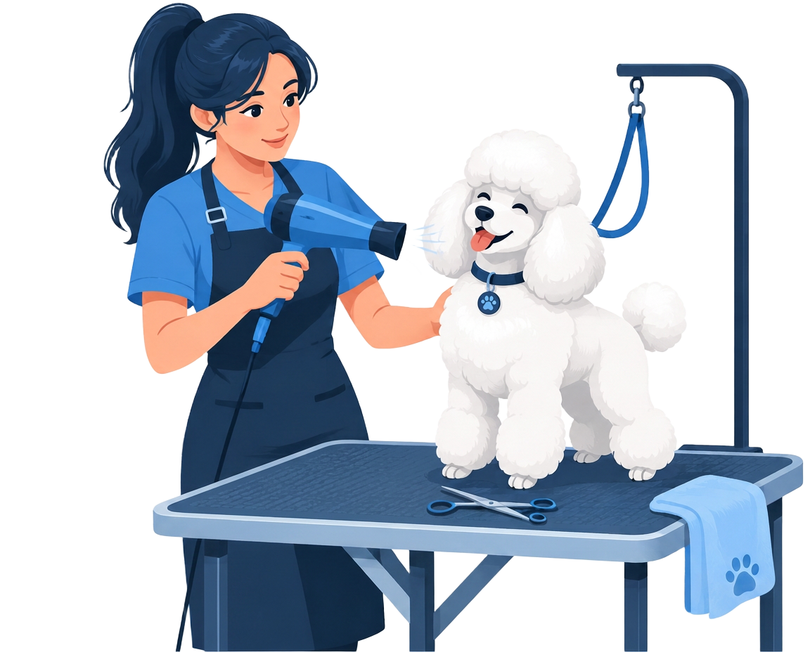 Peluquera canina secando a un caniche